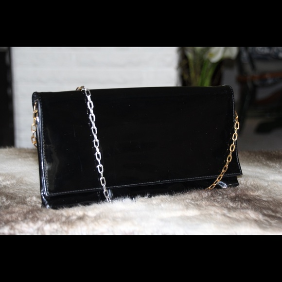 Black patent evening clutch with gold metal strap - Picture 2 of 2